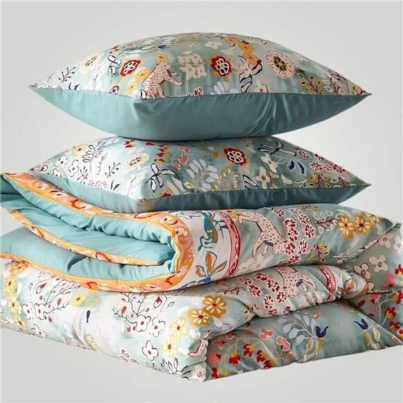 NEW Anthro Blue Jungle Multicolor Boho Queen / King Bedding Duvet & Sham Case - Picture 5 of 16